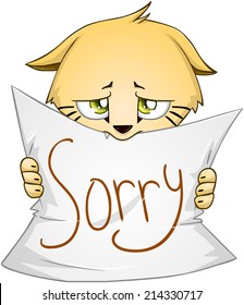 Vector illustration of a cute kitten holds sign of apology 