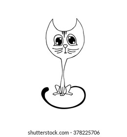 Vector illustration of cute kitten ink drawing