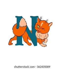 Vector illustration of a cute kitten. Kitten with a letter N.