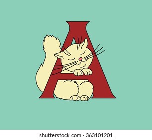 Vector illustration of a cute kitten. Kitten with a letter.