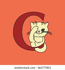 Vector illustration of a cute kitten. Kitten with a letter.
