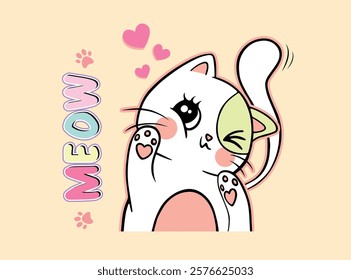 Vector illustration. Cute kitten on white background. Lovely print for t-shirt, Templates for celebration, ads, branding, banner, cover, label, poster, sales