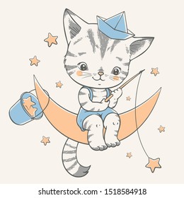 Vector illustration of a cute kitten, sitting on the moon and catching stars.