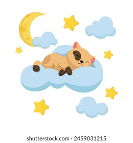 Ilustración vectorial de un lindo gatito durmiendo en una nube. Escena de dibujos animados de un lindo gato acostado y durmiendo en una nube esponjosa con una luna creciente, estrellas amarillas, nubes aisladas sobre un fondo blanco.