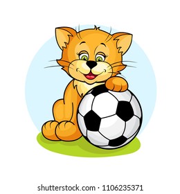 Vector illustration of cute Kitten and soccer ball isolated on white background. Separate layers.