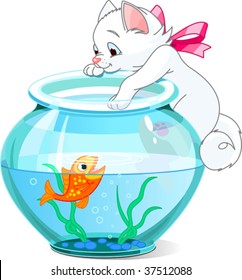 Una ilustración vectorial de un gatito lindo trata de atrapar peces de oro