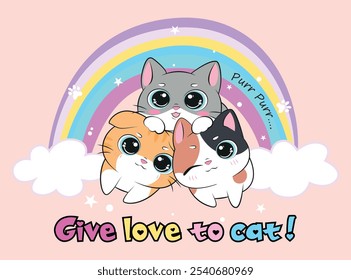 Vector illustration, cute kittens posing on a rainbow. Design for printing on a shirt, poster, banner. White text on a pink background. Lovely print for t-shirt, abstract image.