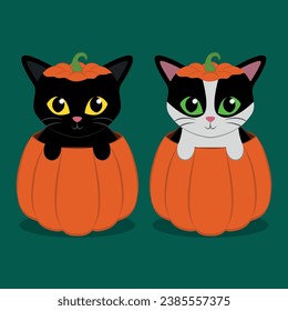 Vector illustration of cute kittens sitting in a pumpkin on a green background.Halloween holiday.