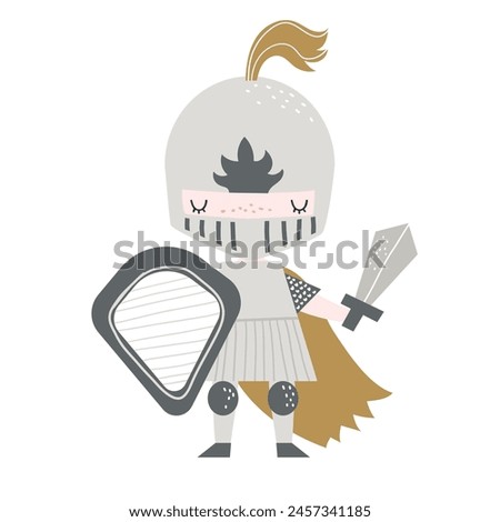 Vector illustration of a cute knight in armor with a sword and shield. Medieval warrior, hero. Prince, king. Children's illustration. A little knight. Isolated on white. Baby boy.