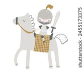 Vector illustration of cute knight on horseback t in armor with a sword. Horse. Medieval warrior, hero. Prince, king. Children