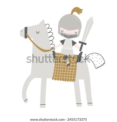 Vector illustration of cute knight on horseback t in armor with a sword. Horse. Medieval warrior, hero. Prince, king. Children's illustration. A little knight. Isolated on white. Baby 