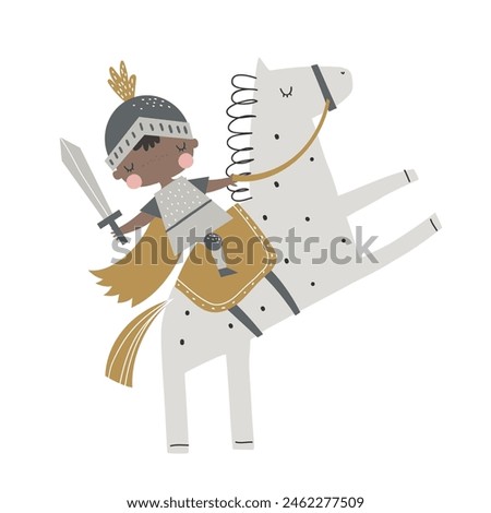 Vector illustration of cute knight on horseback t in armor with a sword. Horse. Medieval warrior, hero. Prince, king. Children's illustration. A little knight. Isolated on white. Baby 