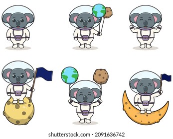 Vector Illustration of Cute Koala with an astronaut costume. Funny Koala Wearing Astronaut Costumes or Spacesuit Vector Set. Flat Cartoon Style.