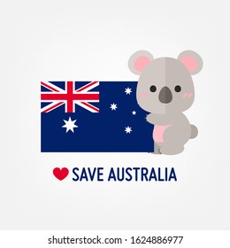 Vector illustration Cute Koala with Australia flag. Save Australia banner.