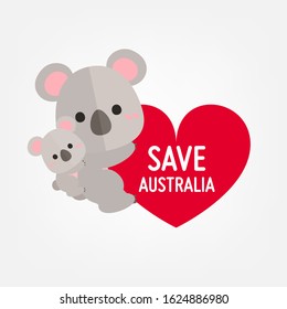 Vector illustration Cute Koala with Big heart. Save Australia banner.