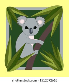 Vector illustration with cute koala and eucalyptus leaves.