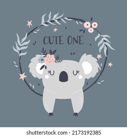 Vector illustration of a cute koala and frame with floral ornaments. Cute composition with adorable animal. Adorable animal for prints, frame arts, wall designs