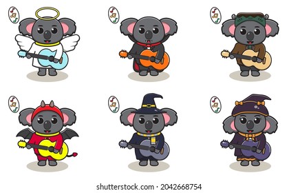 Vector illustration of cute Koala with halloween costume playing Guitar. Good for label, sticker, clipart.