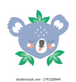 Vector illustration of cute koala head with tongue hanging out. Tropical animals childrens funny illustration.