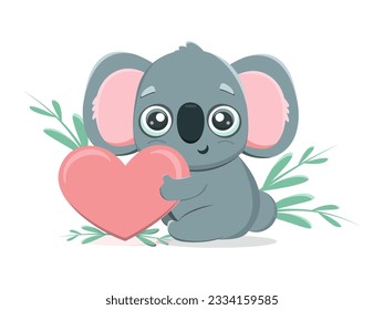 Vector illustration of a cute koala hugging a heart. Cute, funny, illustration for kindergarten, kids, books, cartoons, cards, print on t-shirt. Objects of education and development of children.