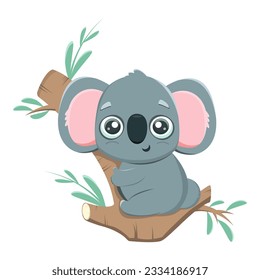 Vector illustration of a cute koala hugging a eucalyptus branch. Cute, funny, illustration for kindergarten, kids, books, cartoons, cards, print on t-shirt. Objects of education and development of chi