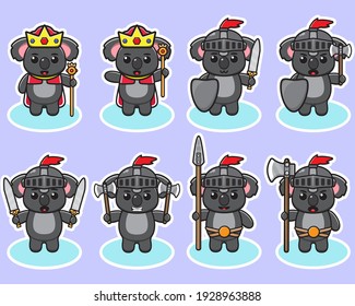 Vector illustration of cute Koala Kingdom cartoon set. Koala king and knight set. Good for icon, logo, label, sticker, clipart.