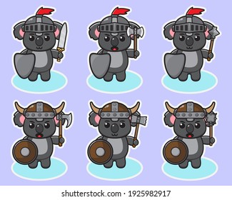 Vector illustration of cute Koala Knight cartoon. Cute Koala expression character design bundle. Good for icon, logo, label, sticker, clipart.
