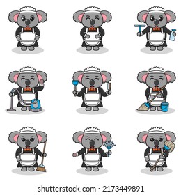 Vector illustration of cute Koala with maid uniform. Animal character design. Koala with cleaning equipment. Set of cute Koala characters.