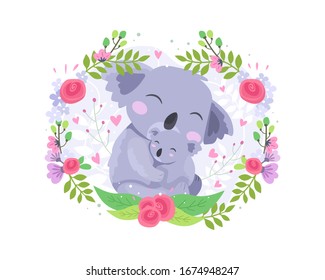 Vector illustration Cute koala mother and baby. Animal koala baby lovely hug mother. Happy mothers day greeting card, Baby shower cute koala mom and baby. Vector illustration in a flat style