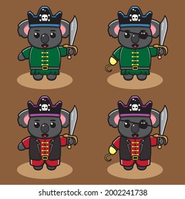 Vector illustration of cute Koala Pirate Captain cartoon. Cute Koala expression character design bundle. Good for icon, logo, label, sticker, clipart.