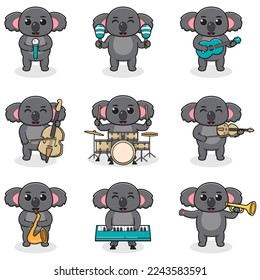 Vector Illustration of Cute Koala playing music instruments. Set of cute Koala characters. Cartoon animal play music. Animals musicians.