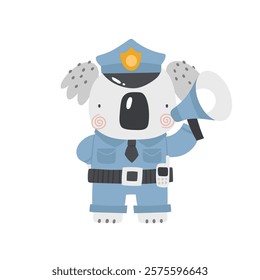 Vector illustration of cute koala policeman on white. Koala in a police uniform. Professions for children. Cute cartoon animals police character. Professions for children. Emergency. Boho. 