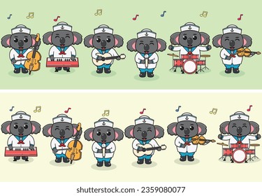 Vektorgrafik von Cute Koala Seemann Music Band. Große Auswahl an niedlichen Tiercartoons in Berufen. Koala Cartoon Wohnung Stil.