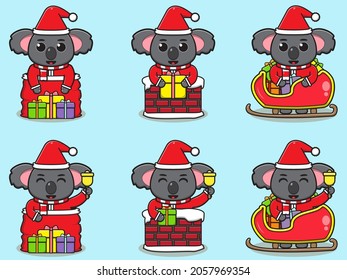 Vector illustration of cute Koala Santa mascot or character. Christmas design element. Vector illustration isolated on light blue background