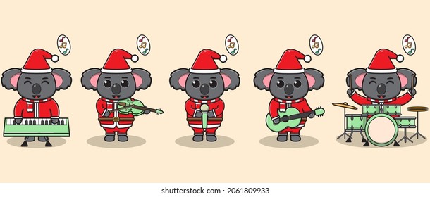 Vector illustration of Cute Koala Santa Claus play a musical instrument. Good for icon, label, sticker, clipart.