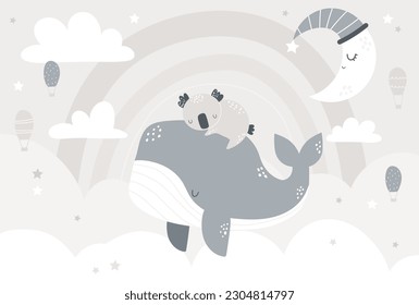  Vector illustration of a cute koala sleeping on the back of a whale, rainbow, air balloon, clouds and moon. Scandinavian style. Boho. Kids wallpaper design. Baby room design, wall decor, mural.