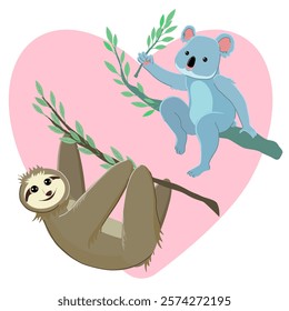 Vector illustration of a cute koala and a sloth on tree branches with a heart-shaped background. Minimalist and child-friendly design perfect for kids’ decor, greeting cards, or creative projects.