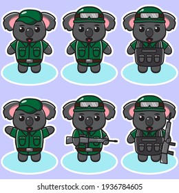 Vector illustration of cute Koala Soldier cartoon. Cute Koala expression character design bundle. Good for icon, logo, label, sticker, clipart.