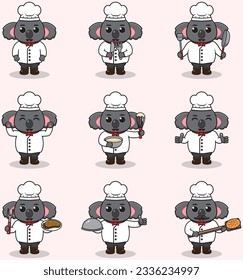Vector Illustration of Cute Koala wearing chef uniform. Flat Cartoon Style. Set of Cute Animal Characters in Chef Uniform. Vector illustration in isolated background