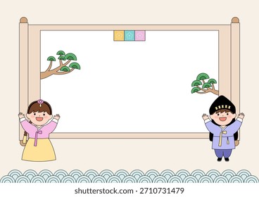 Ilustración vectorial de un lindo niño coreano usando hanbok.