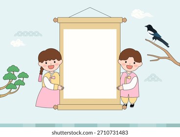 Vector illustration of a cute Korean children wearing hanbok.