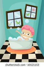 Vector illustration of a cute lady is bathing in room.