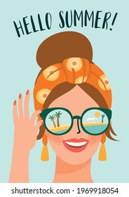 Vector illustration of cute lady in glasses on tropical beach. Summer holliday, vacation, travel. Design element for summer concept and other use.