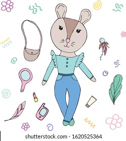 vector illustration, cute lady mouse in business clothes with accessories