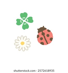 Vector illustration of cute ladybug and four leaf clover