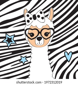 Vector illustration of cute lama with glasses. Cartoon baby llama. Peru animal, alpaca. Llama,traditional animal of Peru. Drawing for print, fabric, textile, poster etc