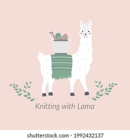 Vector illustration of a cute lama with lettering. A funny animal carries on his back a bag with knitting tools and yarn. ext and floral pattern at the bottom. White lama on a pink background. 