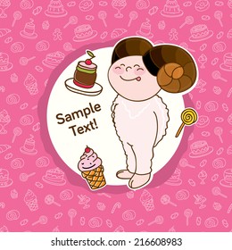 Vector illustration with cute lamb on candy pattern