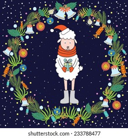 Vector illustration with cute lamb with present; This illustration can be used for decoration of cards, invitations, banners, etc.