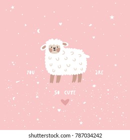 Vector illustration with cute lamb and text. Pink childish background with cartoon sheep and heart.